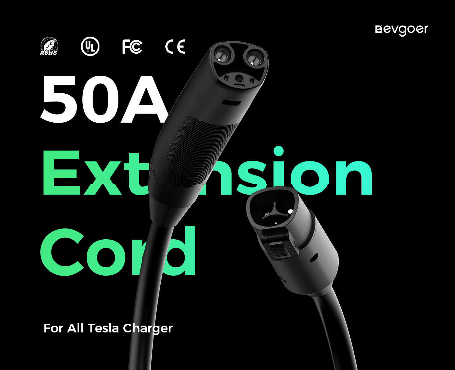 Cable de extensión Evgoer EG-C0008 para Tesla, cable de 5 m (16,4 pies), soporte máximo de 50 A y 12 kW con conector NACS, impermeable IP66, para cargadores de vehículos eléctricos de nivel 1 y 2, compatible con todos los modelos Tesla.