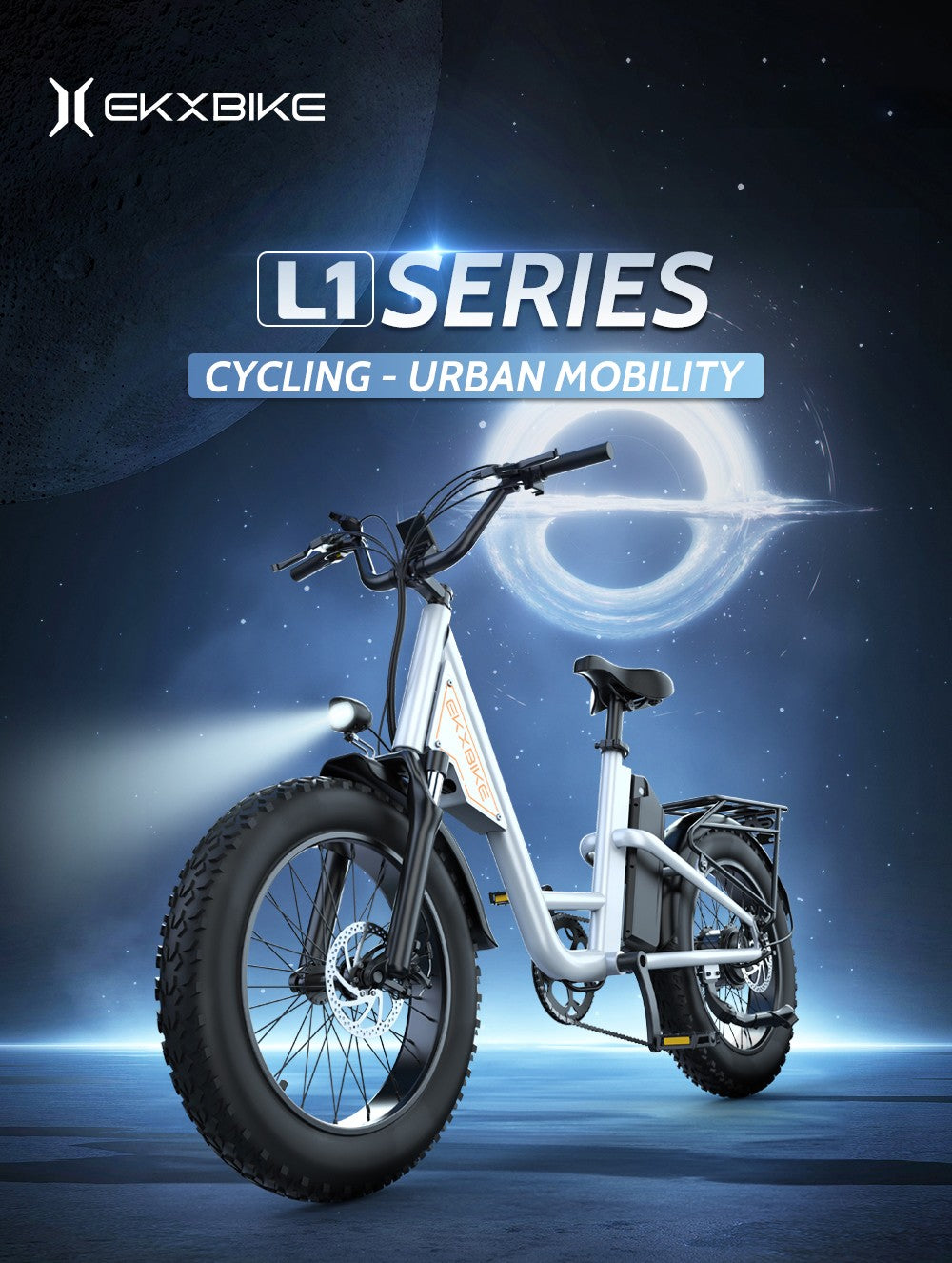 Bicicleta eléctrica EKXBIKE L1, motor de 1000 W, batería de 48 V y 15,6 Ah, neumáticos gruesos de 20 x 4 pulgadas, velocidad máxima de 55 km/h, autonomía de 80 km, frenos de disco, suspensión delantera y trasera.