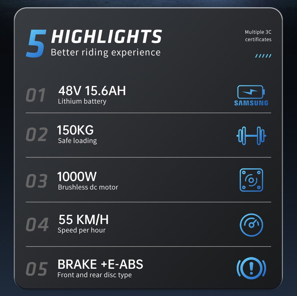 Bicicleta eléctrica EKXBIKE L1, motor de 1000 W, batería de 48 V y 15,6 Ah, neumáticos gruesos de 20 x 4 pulgadas, velocidad máxima de 55 km/h, autonomía de 80 km, frenos de disco, suspensión delantera y trasera.