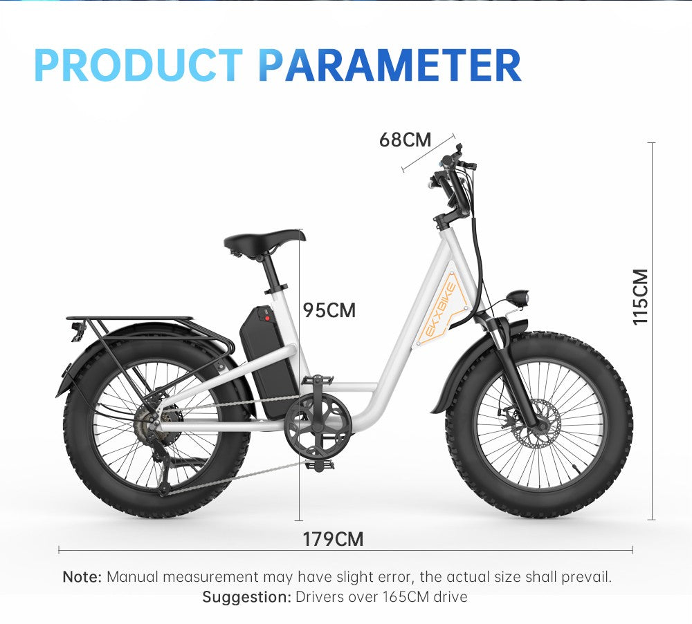 Bicicleta eléctrica EKXBIKE L1, motor de 1000 W, batería de 48 V y 15,6 Ah, neumáticos gruesos de 20 x 4 pulgadas, velocidad máxima de 55 km/h, autonomía de 80 km, frenos de disco, suspensión delantera y trasera.