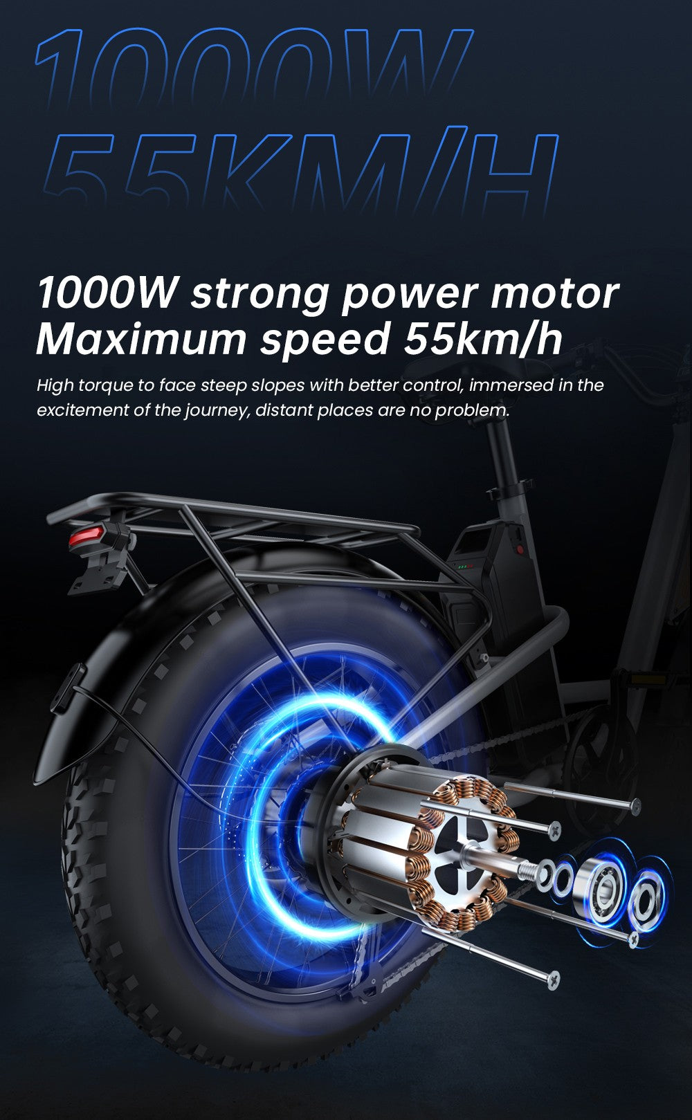 Bicicleta eléctrica EKXBIKE L1, motor de 1000 W, batería de 48 V y 15,6 Ah, neumáticos gruesos de 20 x 4 pulgadas, velocidad máxima de 55 km/h, autonomía de 80 km, frenos de disco, suspensión delantera y trasera.