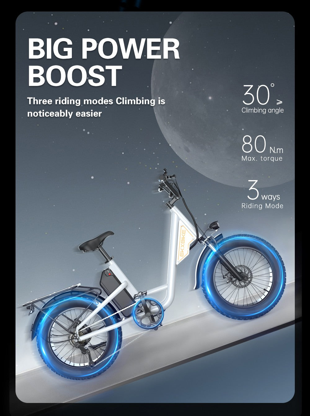 Bicicleta eléctrica EKXBIKE L1, motor de 1000 W, batería de 48 V y 15,6 Ah, neumáticos gruesos de 20 x 4 pulgadas, velocidad máxima de 55 km/h, autonomía de 80 km, frenos de disco, suspensión delantera y trasera.