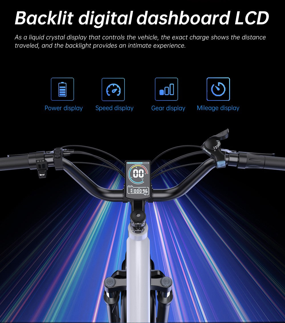 Bicicleta eléctrica EKXBIKE L1, motor de 1000 W, batería de 48 V y 15,6 Ah, neumáticos gruesos de 20 x 4 pulgadas, velocidad máxima de 55 km/h, autonomía de 80 km, frenos de disco, suspensión delantera y trasera.
