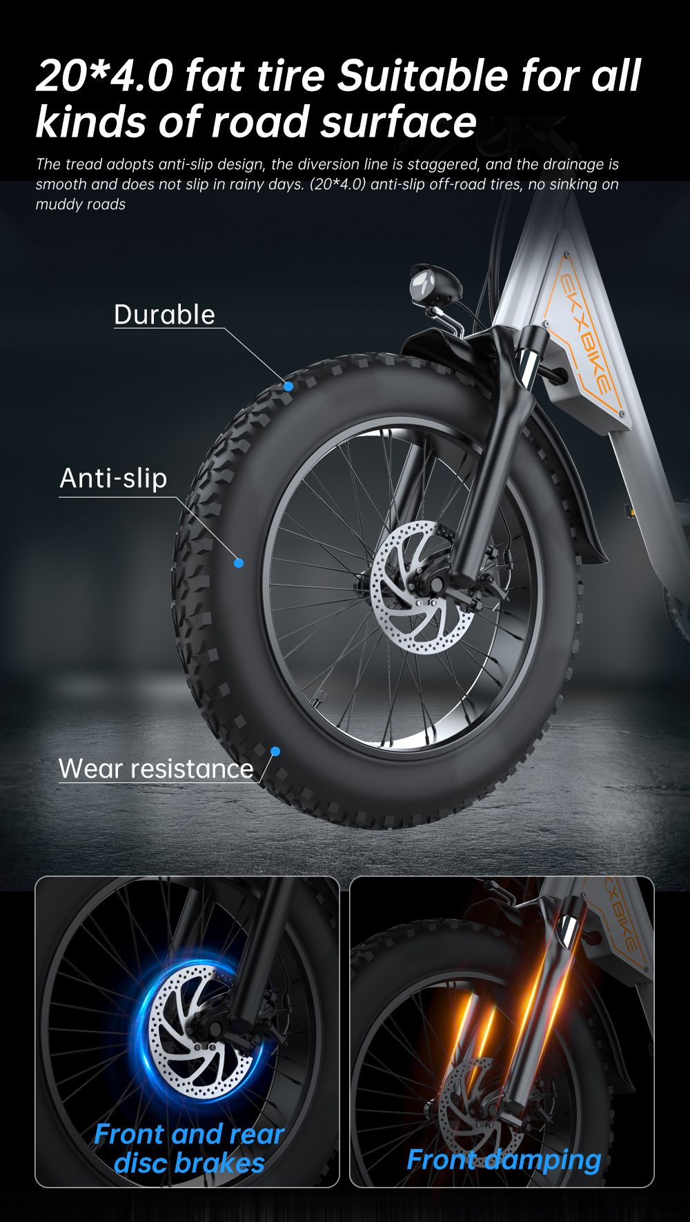 Bicicleta eléctrica EKXBIKE L1, motor de 1000 W, batería de 48 V y 15,6 Ah, neumáticos gruesos de 20 x 4 pulgadas, velocidad máxima de 55 km/h, autonomía de 80 km, frenos de disco, suspensión delantera y trasera.
