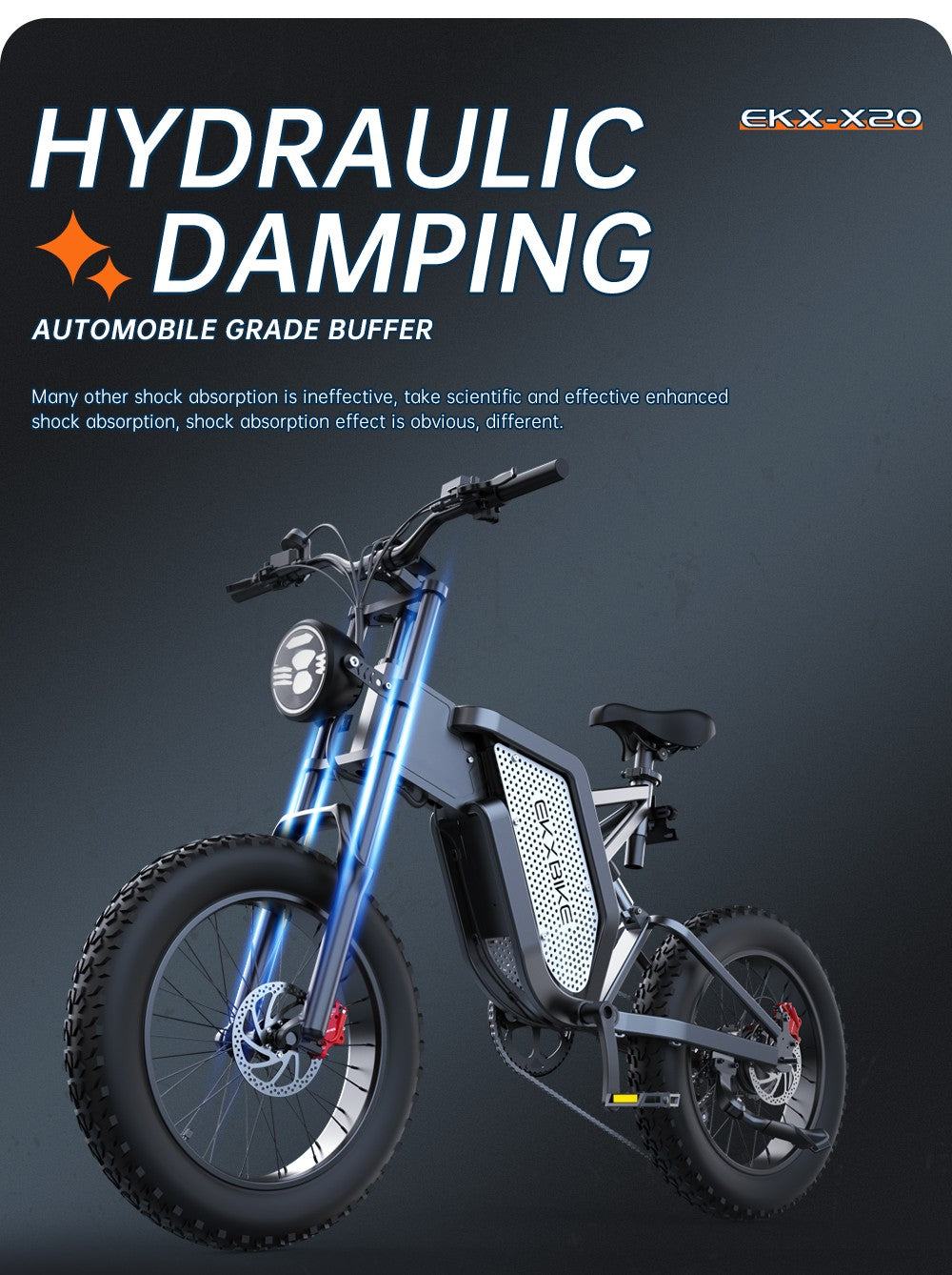 Bicicleta eléctrica EKXBIKE X20, motor de 2000 W, batería de 48 V y 35 Ah, neumáticos gruesos de 20 x 4,0 pulgadas, velocidad máxima de 55 km/h, autonomía de 150 km, freno hidráulico, amortiguador hidráulico, Shimano de 7 velocidades.