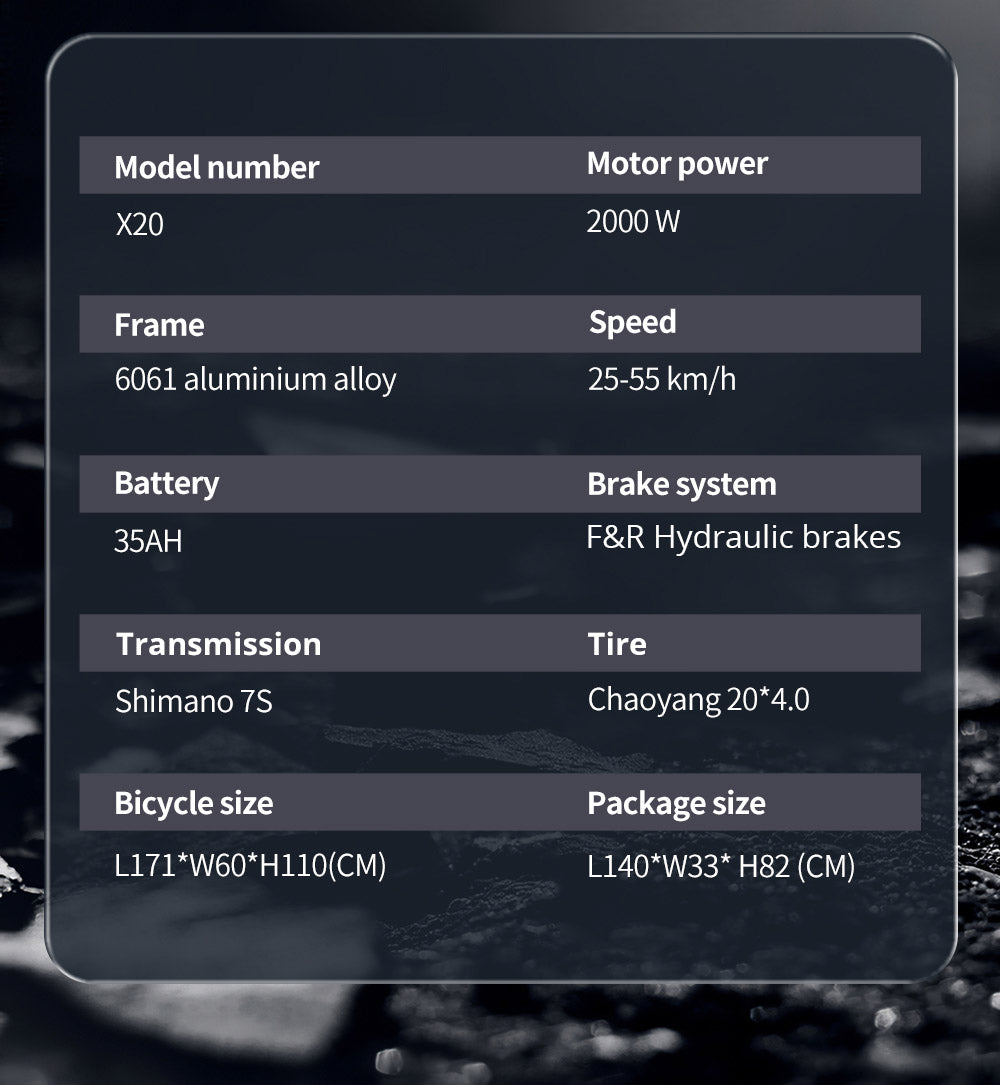 Bicicleta eléctrica EKXBIKE X20, motor de 2000 W, batería de 48 V y 35 Ah, neumáticos gruesos de 20 x 4,0 pulgadas, velocidad máxima de 55 km/h, autonomía de 150 km, freno hidráulico, amortiguador hidráulico, Shimano de 7 velocidades.