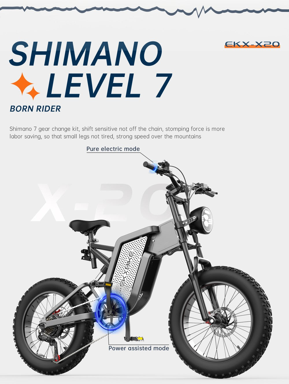 Bicicleta eléctrica EKXBIKE X20, motor de 2000 W, batería de 48 V y 35 Ah, neumáticos gruesos de 20 x 4,0 pulgadas, velocidad máxima de 55 km/h, autonomía de 150 km, freno hidráulico, amortiguador hidráulico, Shimano de 7 velocidades.