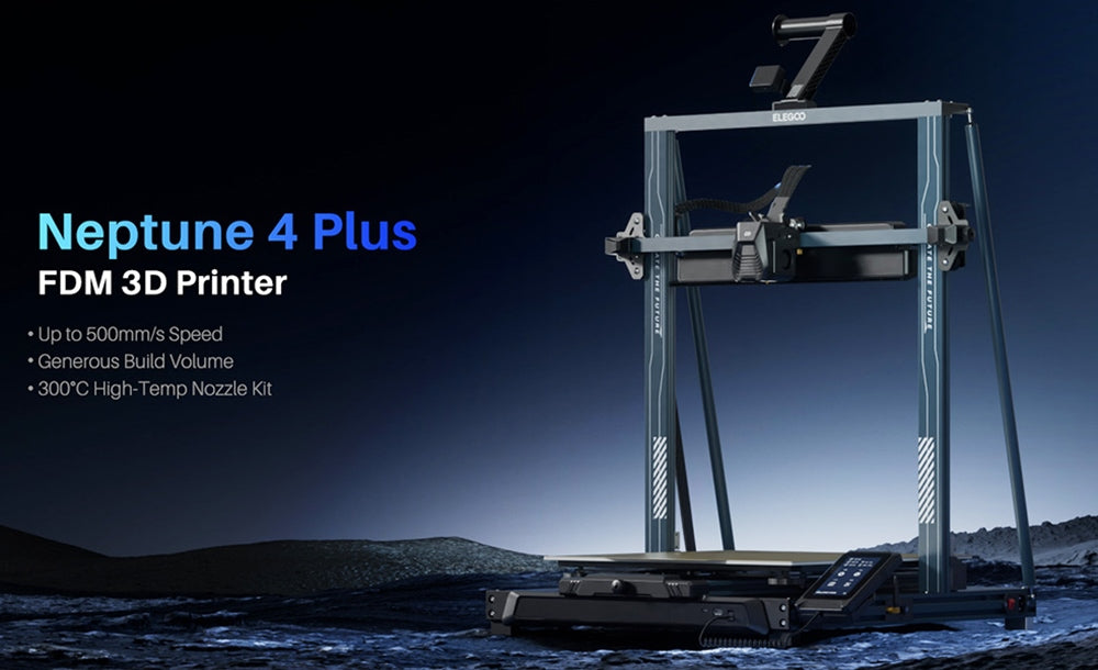 Impresora 3D Elegoo Neptune 4 Plus, Nivelación Automática, Velocidad Máxima de Impresión 500 mm/s, Firmware Klipper, Boquilla de Alta Temperatura 300 Celsius, Ventilador de Refrigeración, Conexión WiFi, 320*320*385mm
