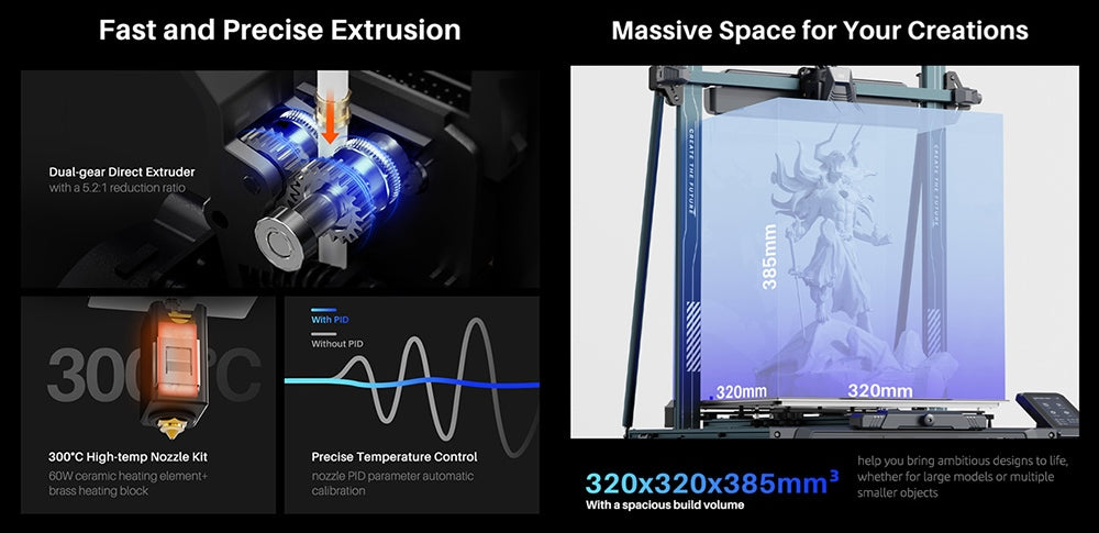 Impresora 3D Elegoo Neptune 4 Plus, Nivelación Automática, Velocidad Máxima de Impresión 500 mm/s, Firmware Klipper, Boquilla de Alta Temperatura 300 Celsius, Ventilador de Refrigeración, Conexión WiFi, 320*320*385mm