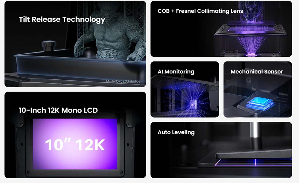 Impresora 3D ELEGOO Saturn 4 Ultra, LCD monocromático 12K de 10 pulgadas, velocidad de impresión máxima de 150 mm/h, tecnología de liberación por inclinación, nivelación automática, diseño de cubierta abatible, sensor mecánico inteligente, monitorización por IA, 218,88 x 122,88 x 220 mm³ - Negro