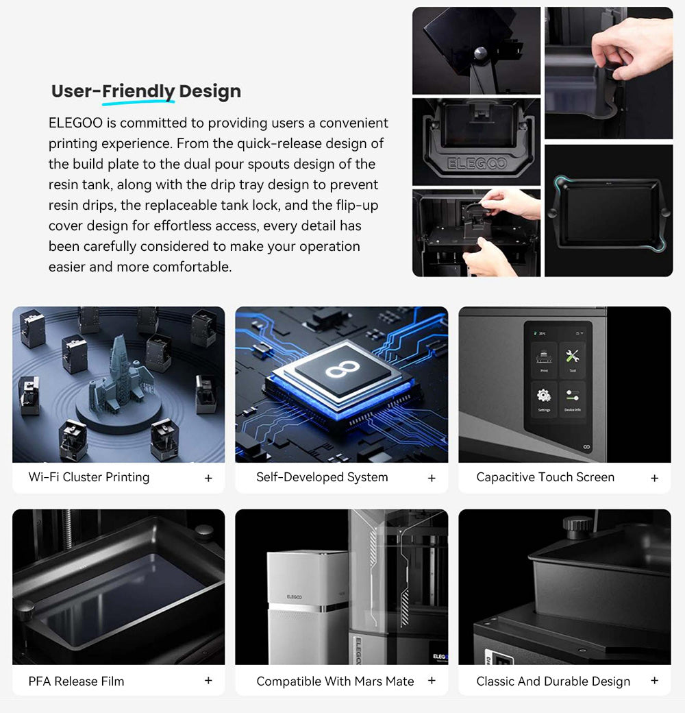 Impresora 3D ELEGOO Saturn 4 Ultra, LCD monocromático 12K de 10 pulgadas, velocidad de impresión máxima de 150 mm/h, tecnología de liberación por inclinación, nivelación automática, diseño de cubierta abatible, sensor mecánico inteligente, monitorización por IA, 218,88 x 122,88 x 220 mm³ - Negro