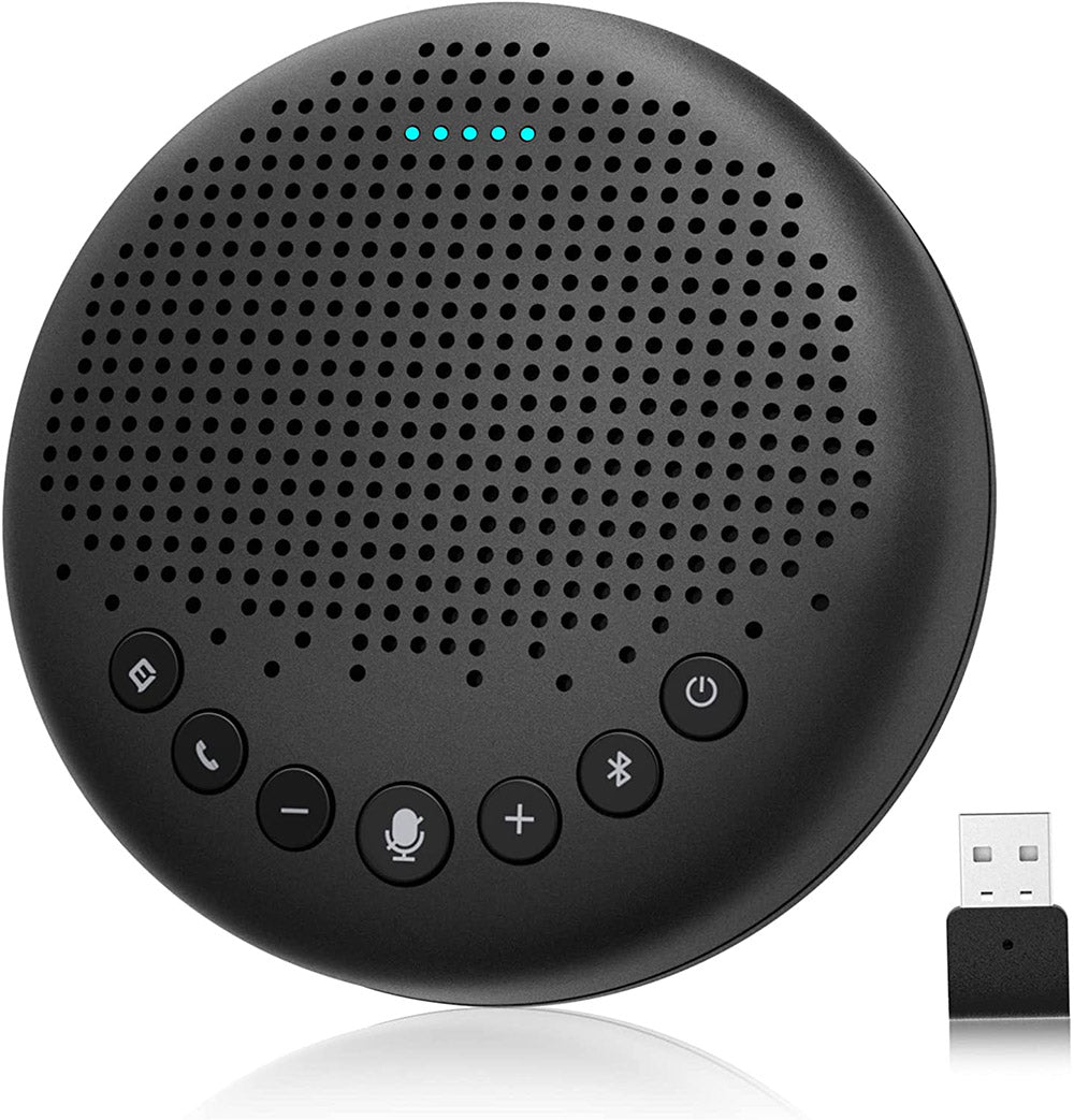 eMeet Luna Lite Altavoz de conferencia portátil Bluetooth con micrófonos, cancelación de ruido por IA de voz, conexión USB/Bluetooth/adaptador inalámbrico/AUX, conexión en cadena, captación de voz de 360°.