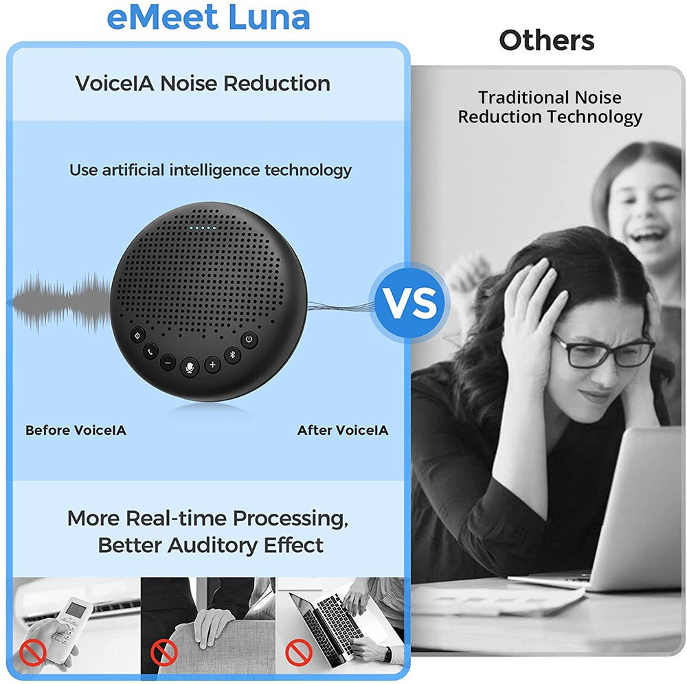 eMeet Luna Lite Altavoz de conferencia portátil Bluetooth con micrófonos, cancelación de ruido por IA de voz, conexión USB/Bluetooth/adaptador inalámbrico/AUX, conexión en cadena, captación de voz de 360°.
