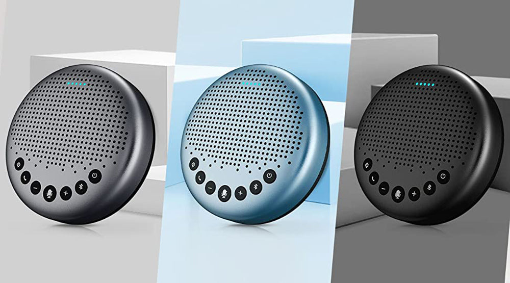 eMeet Luna Lite Altavoz de conferencia portátil Bluetooth con micrófonos, cancelación de ruido por IA de voz, conexión USB/Bluetooth/adaptador inalámbrico/AUX, conexión en cadena, captación de voz de 360°.
