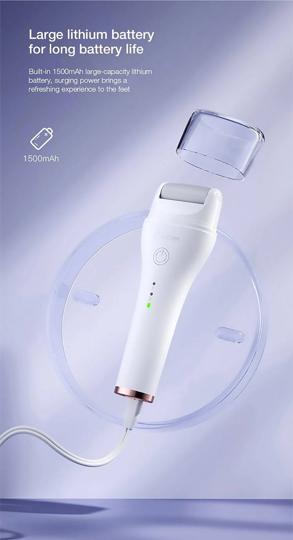 Máquina removedora de callos eléctrica Enchen EMJ001, rotación de 360 grados, dos velocidades ajustables, impermeable IPX6, tres cabezales de molienda.