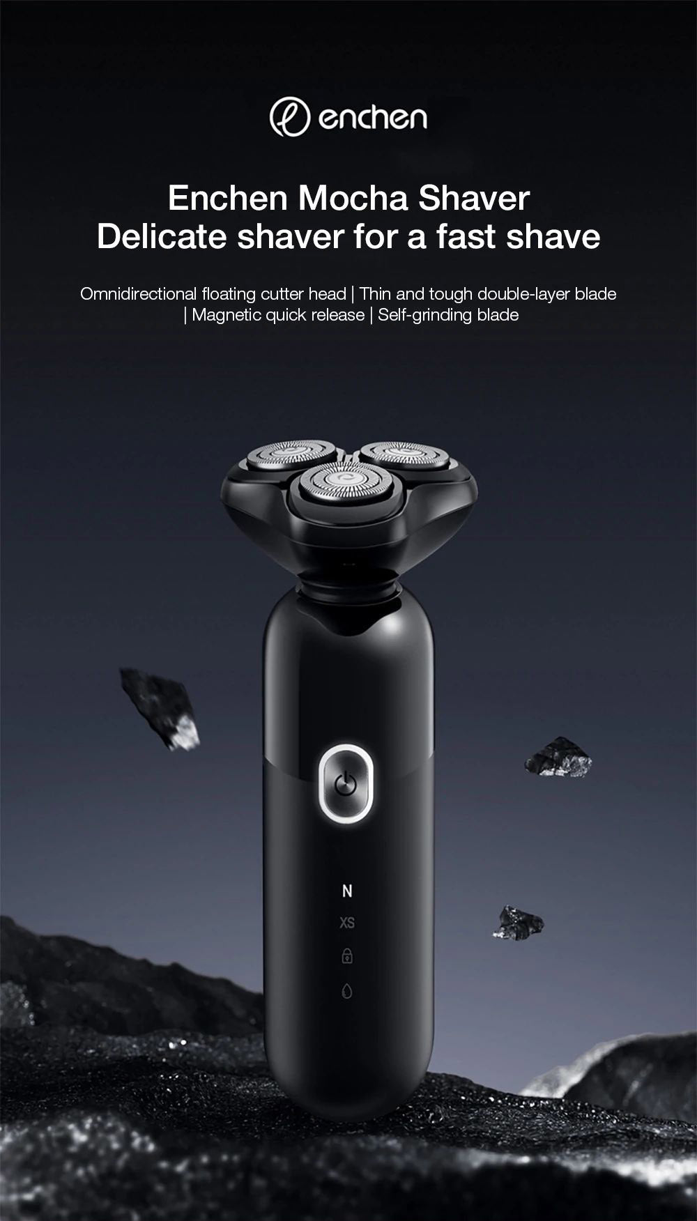 Afeitadora eléctrica Enchen Mocha S con cabezales flotantes omnidireccionales, sistema inteligente anti-tirones, magnética, lavable IPX7.