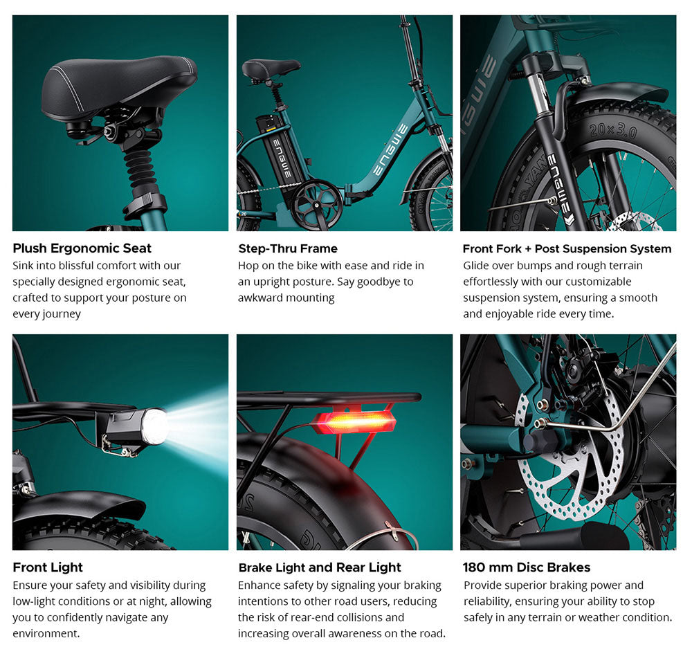 Bicicleta eléctrica ENGWE L20 2.0, neumáticos de 20*3.0 pulgadas, motor de buje de 750 W, batería de 52 V 13 Ah, velocidad máxima de 28 mph, autonomía de 84 millas, freno de disco mecánico, Shimano de 7 velocidades - Verde