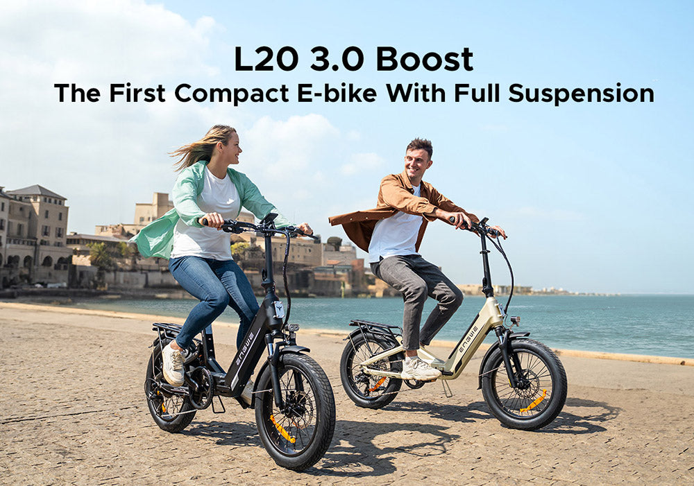 ENGWE L20 3.0 Boost Elektrofahrrad, 250-W-Motor, 48-V-13,5-Ah-Akku, 20 x 3,0-Zoll-Reifen, 135 km maximale Reichweite, hydraulische Bremsen, Vollfederung, Drehmomentsensor, Shimano 7-Gang-Schaltung – Gold