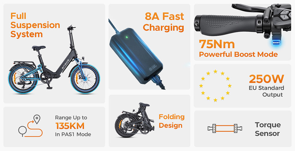 ENGWE L20 3.0 Boost Elektrofahrrad, 250-W-Motor, 48-V-13,5-Ah-Akku, 20 x 3,0-Zoll-Reifen, 135 km maximale Reichweite, hydraulische Bremsen, Vollfederung, Drehmomentsensor, Shimano 7-Gang-Schaltung – Gold