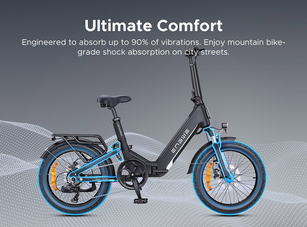 ENGWE L20 3.0 Boost Elektrofahrrad, 250-W-Motor, 48-V-13,5-Ah-Akku, 20 x 3,0-Zoll-Reifen, 135 km maximale Reichweite, hydraulische Bremsen, Vollfederung, Drehmomentsensor, Shimano 7-Gang-Schaltung – Gold