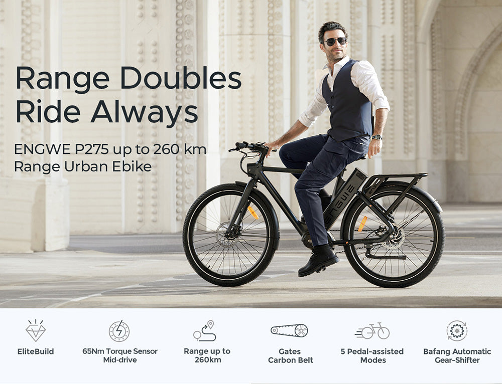 Bicicleta eléctrica urbana ENGWE P275 Pro, neumáticos de radios de 27,5'', motor central sin escobillas Bafang de 250 W, cambio automático de 3 velocidades, batería de 36 V y 19,2 Ah, autonomía máxima de 260 km, freno de disco hidráulico delantero y trasero - Negro