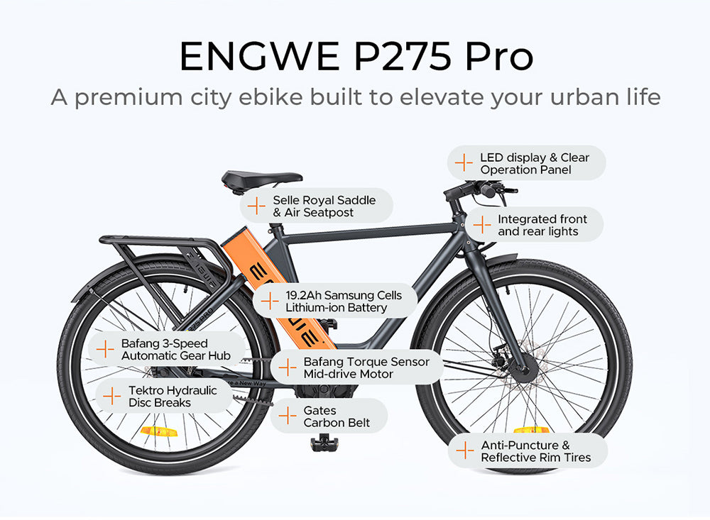 Bicicleta eléctrica urbana ENGWE P275 Pro, neumáticos de radios de 27,5'', motor central sin escobillas Bafang de 250 W, cambio automático de 3 velocidades, batería de 36 V y 19,2 Ah, autonomía máxima de 260 km, freno de disco hidráulico delantero y trasero - Negro