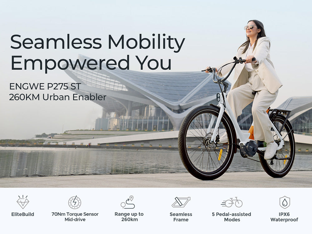 Bicicleta eléctrica urbana ENGWE P275 ST, motor central sin escobillas de 250 W con sensor de par, batería de 36 V y 19,2 Ah, autonomía máxima de 260 km, freno de disco hidráulico, neumáticos de radios de 27,5'', SHIMANO de 9 velocidades - Blanca