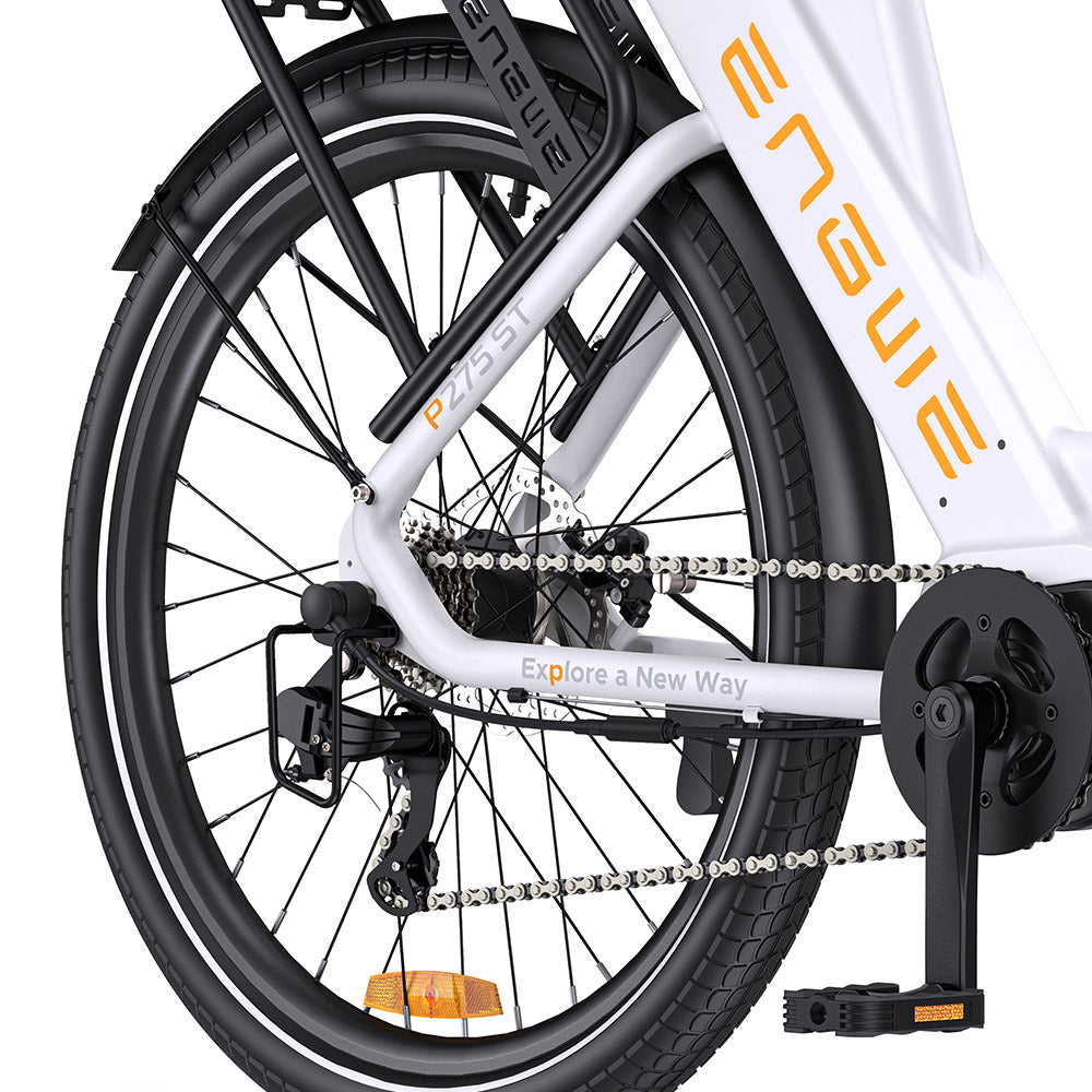 Bicicleta eléctrica urbana ENGWE P275 ST, motor de par de accionamiento central sin escobillas de 250 W, batería extraíble de 36 V y 19,2 Ah, autonomía máxima de 260 km, freno de disco hidráulico, neumáticos de radios de 27,5'', SHIMANO de 9 velocidades - Blanco