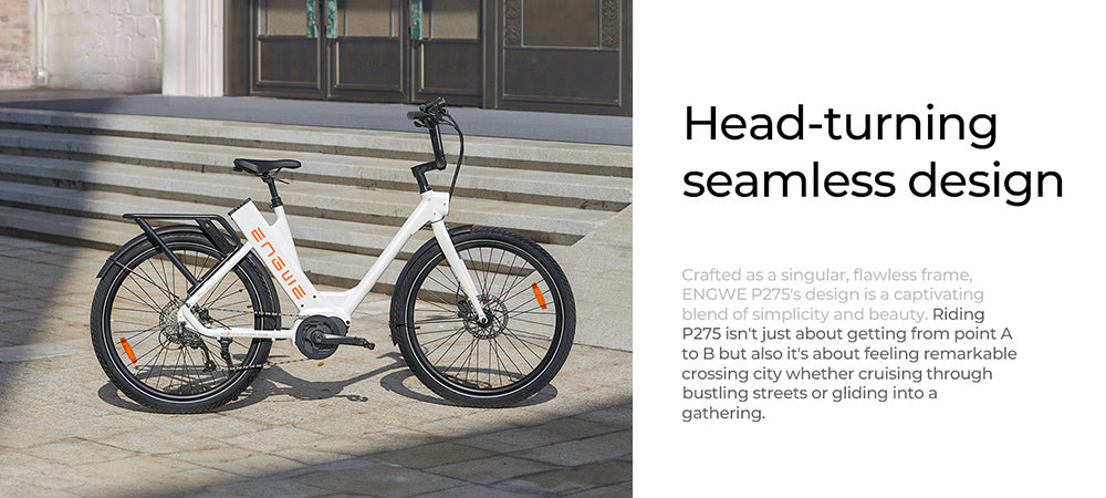 Bicicleta eléctrica urbana ENGWE P275 ST, motor central sin escobillas de 250 W con sensor de par, batería de 36 V y 19,2 Ah, autonomía máxima de 260 km, freno de disco hidráulico, neumáticos de radios de 27,5'', SHIMANO de 9 velocidades - Blanca