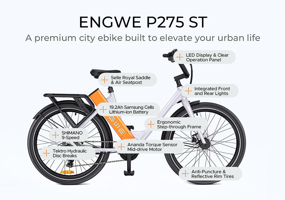 Bicicleta eléctrica urbana ENGWE P275 ST, motor central sin escobillas de 250 W con sensor de par, batería de 36 V y 19,2 Ah, autonomía máxima de 260 km, freno de disco hidráulico, neumáticos de radios de 27,5'', SHIMANO de 9 velocidades - Blanca