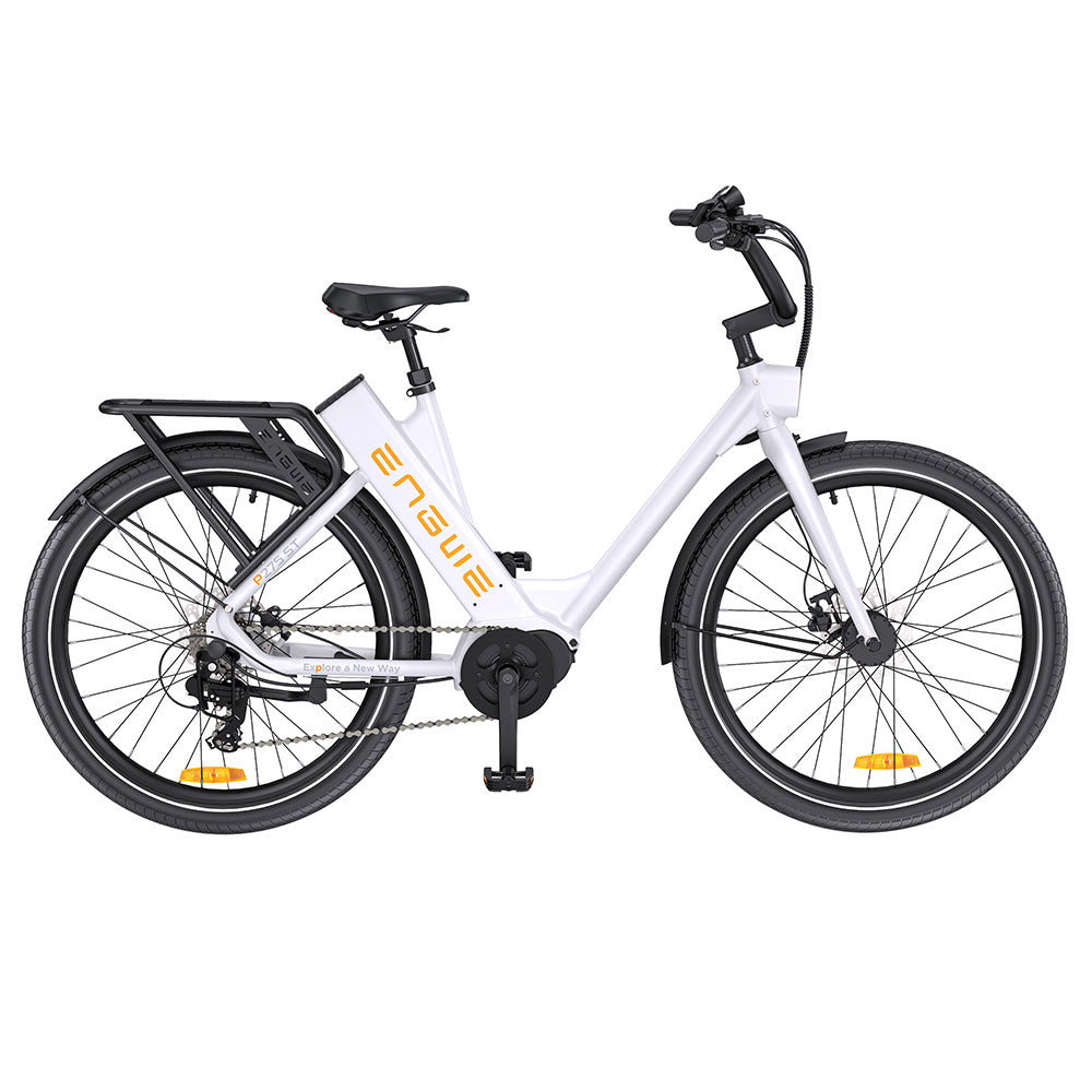 Bicicleta eléctrica urbana ENGWE P275 ST, motor de par de accionamiento central sin escobillas de 250 W, batería extraíble de 36 V y 19,2 Ah, autonomía máxima de 260 km, freno de disco hidráulico, neumáticos de radios de 27,5'', SHIMANO de 9 velocidades - Blanco