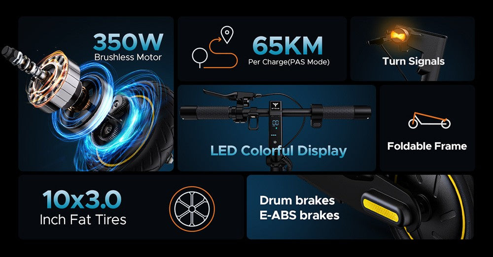 ENGWE Y10 Elektroroller, 10 x 3,0 Zoll Luftreifen, 36 V 350 W Motor, 25 km/h Geschwindigkeit, 13 Ah Akku, 65 km Reichweite