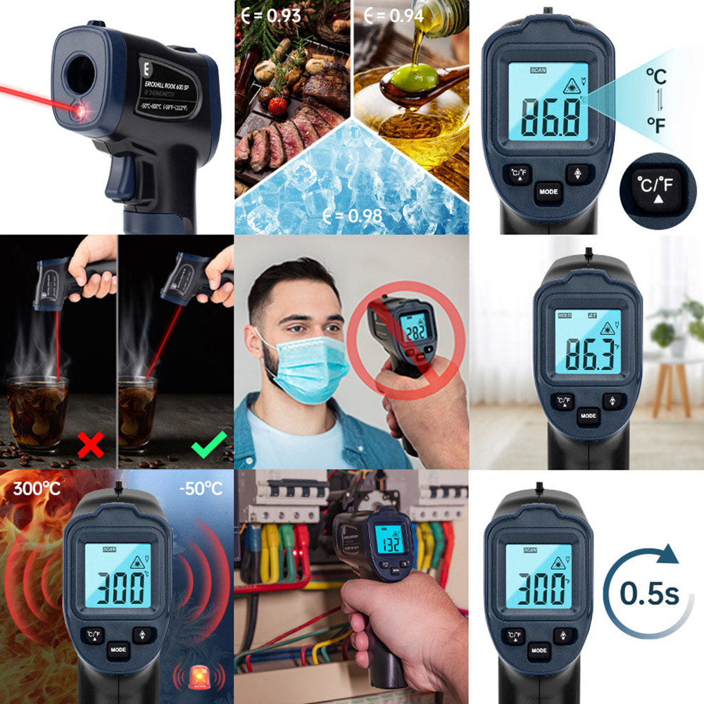 Termómetro infrarrojo ERICKHILL ROOK600 SP, -58°F a 1112°F, pantalla LCD, sin contacto, para reparación e inspección de vehículos, elaboración de cerveza, cocina, manualidades y juguetes para mascotas, NO para humanos.