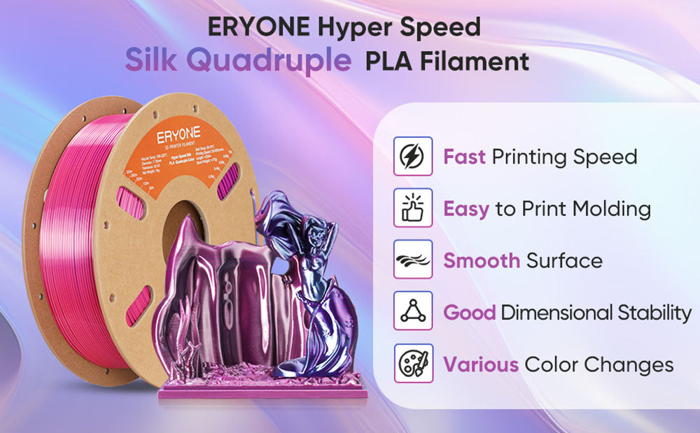 Filamento PLA de seda de alta velocidad de cuatro colores ERYONE, 1 kg - Llama fría nocturna (morado oscuro, magenta, rosa y azul cielo)