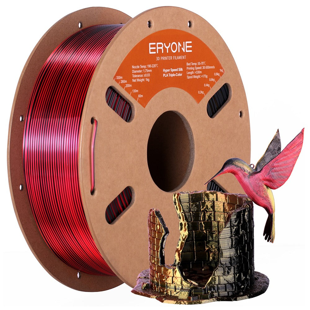 Filamento PLA tricolor de seda de alta velocidad ERYONE 1 kg, negro, rojo y dorado.