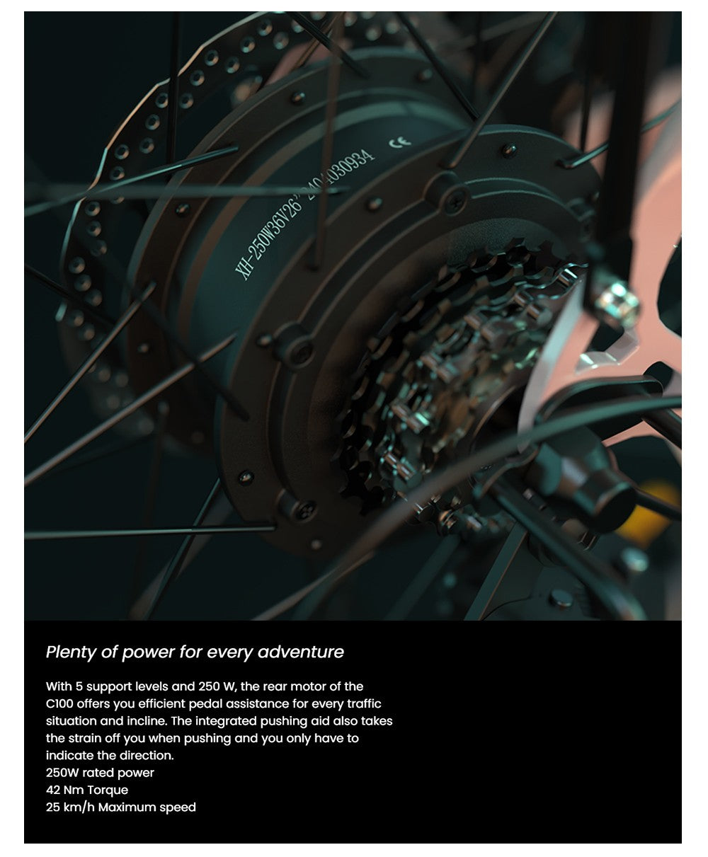 ESKUTE C100 Elektrofahrrad, 250-W-Motor, 36-V-10,4-Ah-Akku, 26 x 1,75-Zoll-Reifen, 25 km/h Höchstgeschwindigkeit, 50–60 km Reichweite, mechanische Scheibenbremsen, SHIMANO 7-Gang-Schaltung – Pink