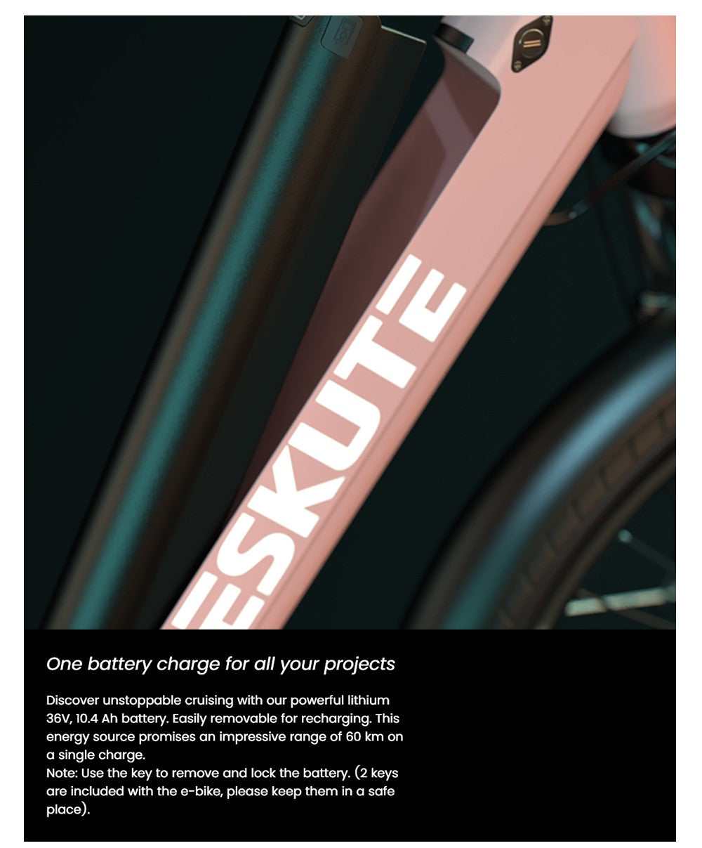 ESKUTE C100 Elektrofahrrad, 250-W-Motor, 36-V-10,4-Ah-Akku, 26 x 1,75-Zoll-Reifen, 25 km/h Höchstgeschwindigkeit, 50–60 km Reichweite, mechanische Scheibenbremsen, SHIMANO 7-Gang-Schaltung – Pink