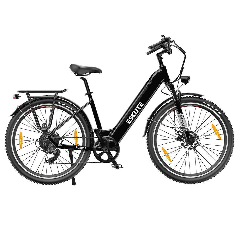 Bicicleta eléctrica ESKUTE ES-26-LJ, motor BAFANG de 250 W, batería de 36 V y 20 Ah, ruedas de 26 x 1,75 pulgadas, velocidad máxima de 25 km/h, autonomía de 120 km, frenos de disco, horquilla con suspensión, SHIMANO de 7 velocidades - Negro.