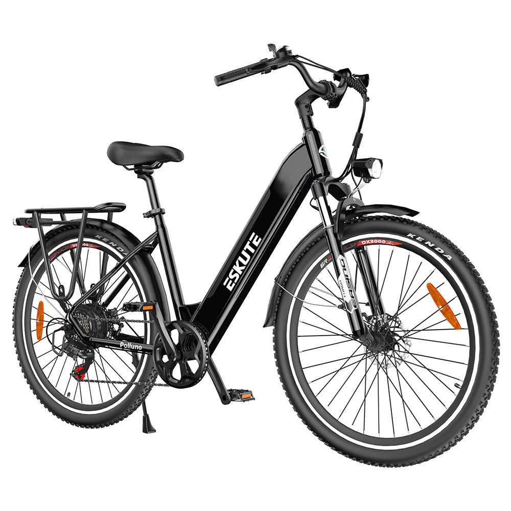 Bicicleta eléctrica ESKUTE ES-26-LJ, motor BAFANG de 250 W, batería de 36 V y 20 Ah, ruedas de 26 x 1,75 pulgadas, velocidad máxima de 25 km/h, autonomía de 120 km, frenos de disco, horquilla con suspensión, SHIMANO de 7 velocidades - Negro.