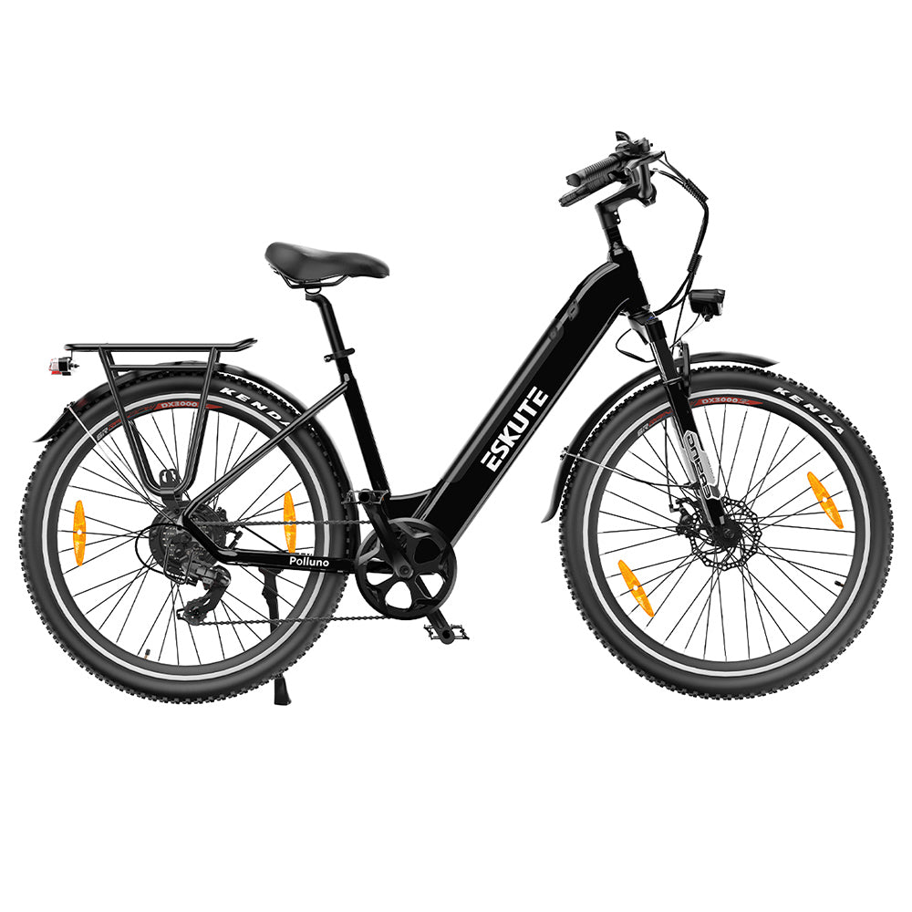 Bicicleta eléctrica ESKUTE ES-28-LJ, motor BAFANG de 250 W, batería de 36 V y 20 Ah, neumáticos de 28 x 1,75", velocidad máxima de 25 km/h, cambio SHIMANO de 7 velocidades, horquilla delantera con suspensión hidráulica - Negra