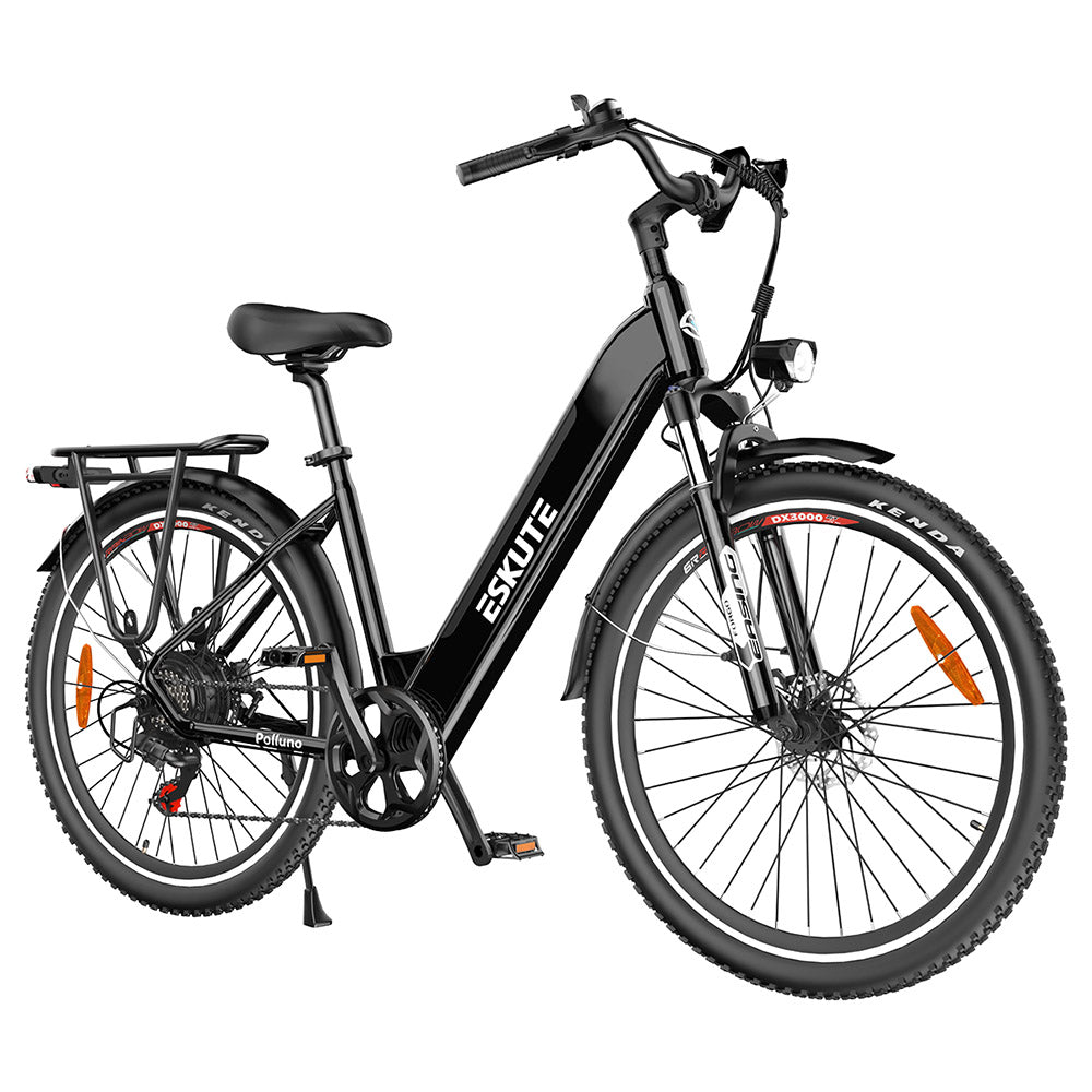 Bicicleta eléctrica ESKUTE ES-28-LJ, motor BAFANG de 250 W, batería de 36 V y 20 Ah, neumáticos de 28 x 1,75", velocidad máxima de 25 km/h, cambio SHIMANO de 7 velocidades, horquilla delantera con suspensión hidráulica - Negra