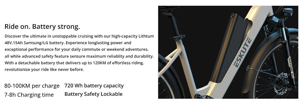 ESKUTE Polluno Plus Elektrofahrrad, 250-W-Motor, 36-V-20-Ah-Akku, 26 x 1,75 Zoll Laufräder, 25 km/h Höchstgeschwindigkeit, 100 km Reichweite, mechanische Scheibenbremsen, Shimano 7-Gang-Schaltung – Weiß