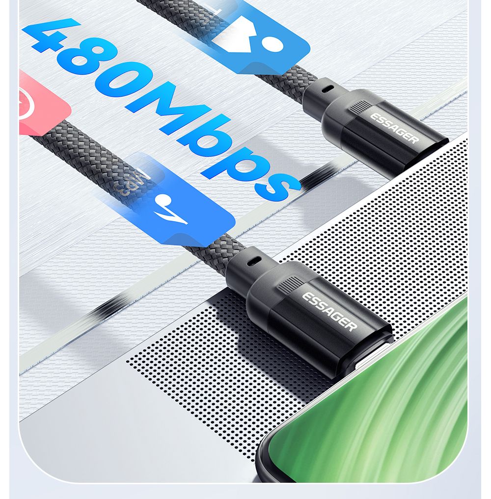Cable de carga ESSAGER de 100 W y 5 A, tipo C a tipo C, USB 2.0 de 480 Mbps, adsorción magnética, ajuste flexible, chip E-Marker, 1 m.
