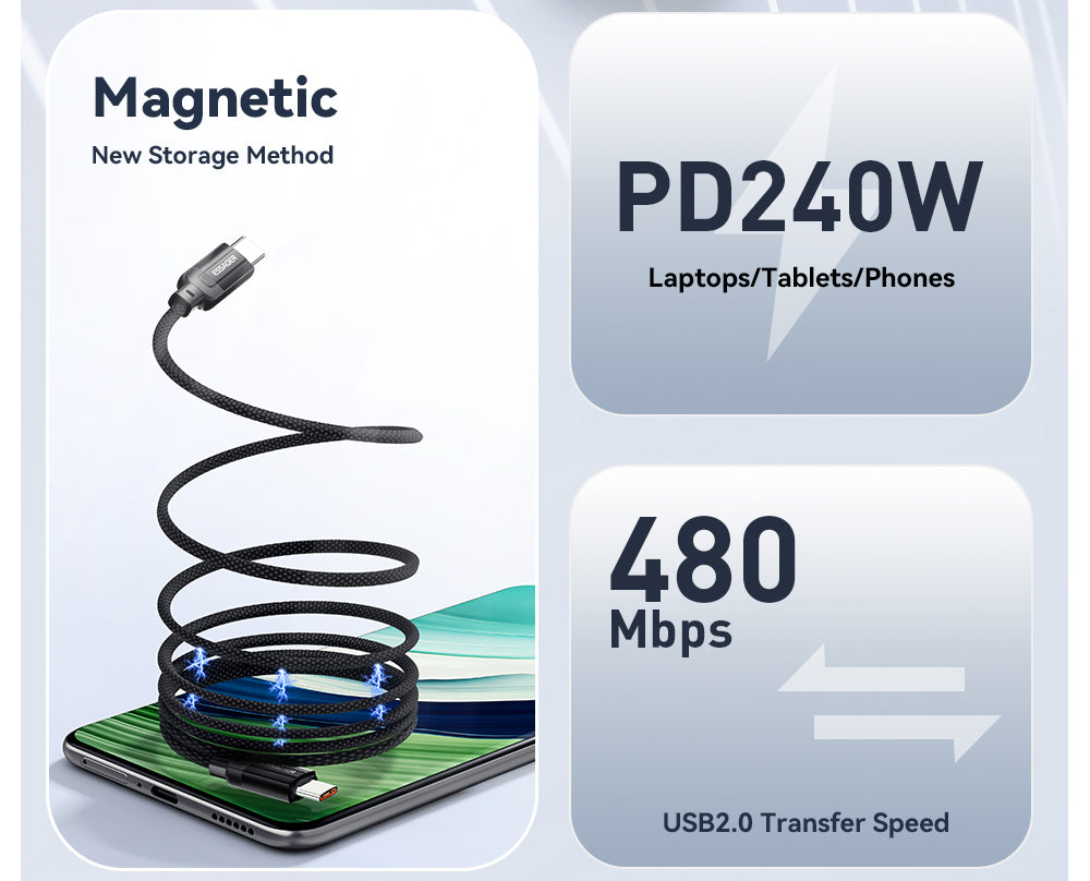 Cable de carga ESSAGER de 100 W y 5 A, tipo C a tipo C, USB 2.0 de 480 Mbps, adsorción magnética, ajuste flexible, chip E-Marker, 1 m.