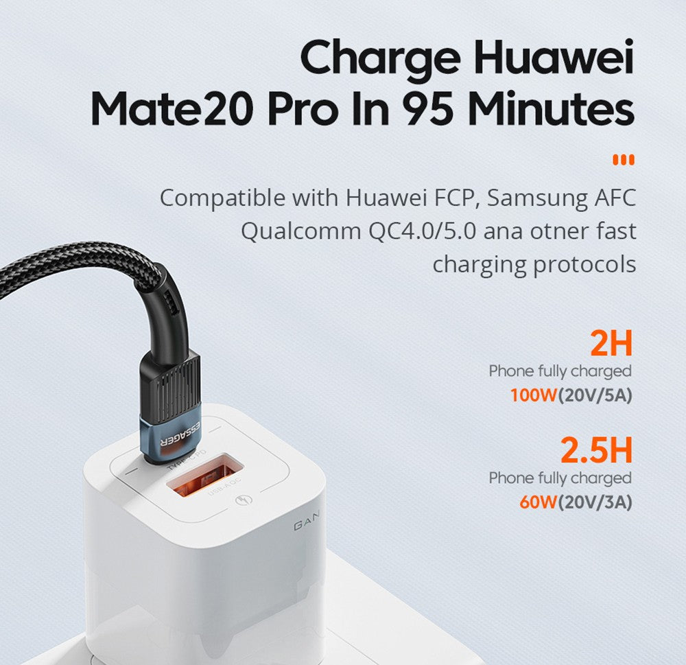 Cable de datos ESSAGER de 100 W, tipo C a tipo C, carga rápida PD, velocidad de transmisión de 480 Mbps, para MacBook/tableta/teléfono móvil Huawei Samsung - Cable de 1 m