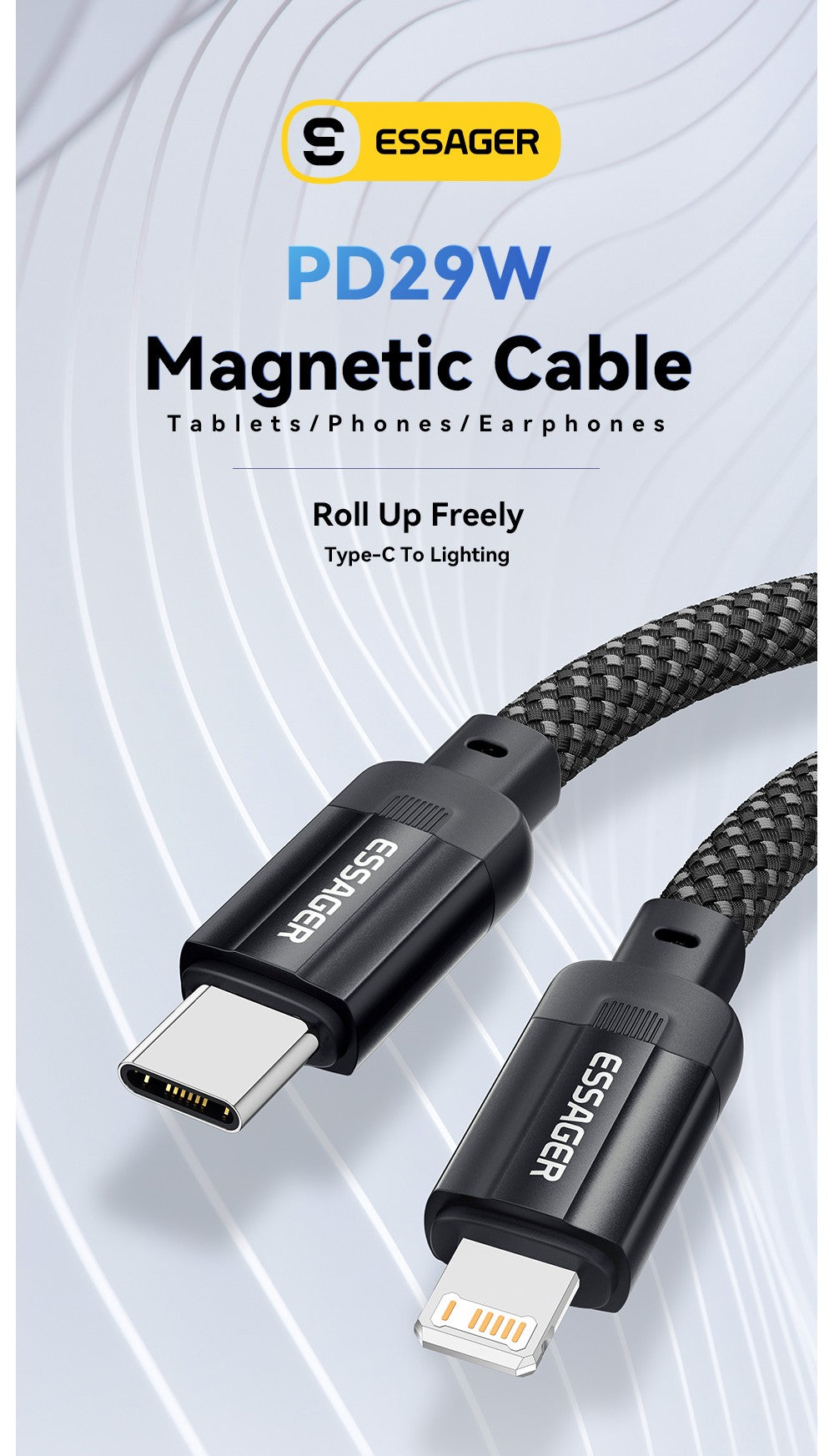 Cable de carga ESSAGER de 29 W y 3 A, de tipo C a Lightning, USB 2.0 de 480 Mbps, adsorción magnética, flexible y ajustable, con chip inteligente, 1 m.