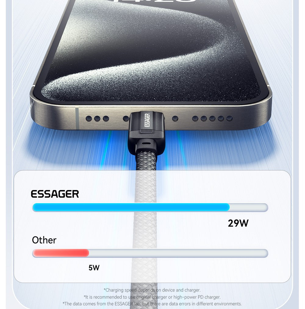 Cable de carga ESSAGER de 29 W y 3 A, de tipo C a Lightning, USB 2.0 de 480 Mbps, adsorción magnética, flexible y ajustable, con chip inteligente, 1 m.