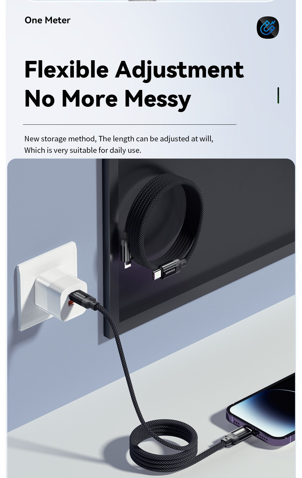 Cable de carga ESSAGER de 29 W y 3 A, de tipo C a Lightning, USB 2.0 de 480 Mbps, adsorción magnética, flexible y ajustable, con chip inteligente, 1 m.