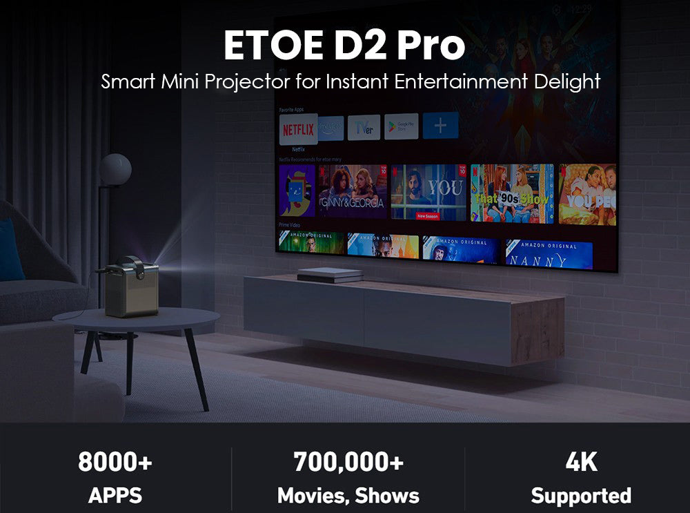 [Certificado por Netflix y Android TV] Proyector ETOE D2 Pro, 300 ANSI, Android TV 10, 1080P nativo, corrección trapezoidal.