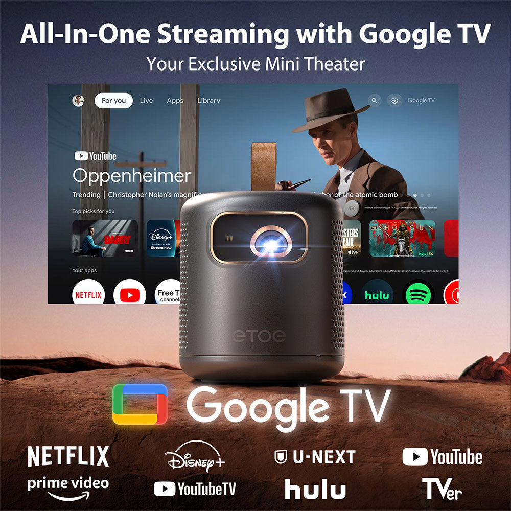 [Certificado para Google TV] Proyector DLP ETOE Dolphin, 600 lúmenes ANSI, resolución nativa 1080P, decodificación de vídeo 4K UHD, enfoque automático y corrección trapezoidal, Wi-Fi de doble banda, Netflix / YouTube / Prime Video preinstalados.